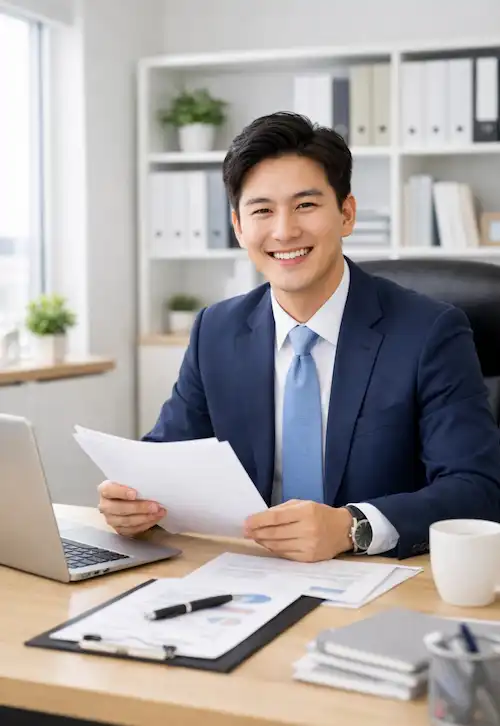 경기도 중소기업 청년 노동자 지원사업 가이드와 웃고 있는 청년 직장인