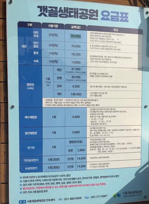 갯골생태공원 체험시설 요금 안내
