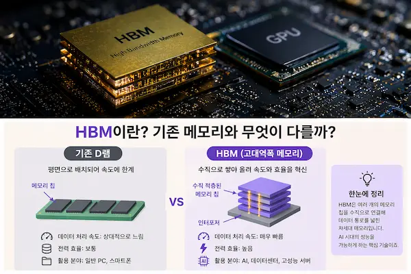 HBM과 D램 차이 비교 구조와 성능 설명 이미지