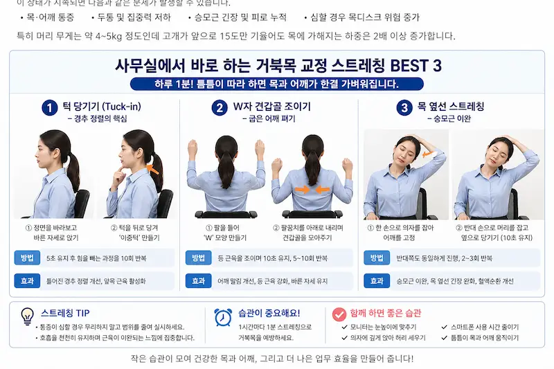 사무실에서 하는 거북목 교정 스트레칭 3가지 방법