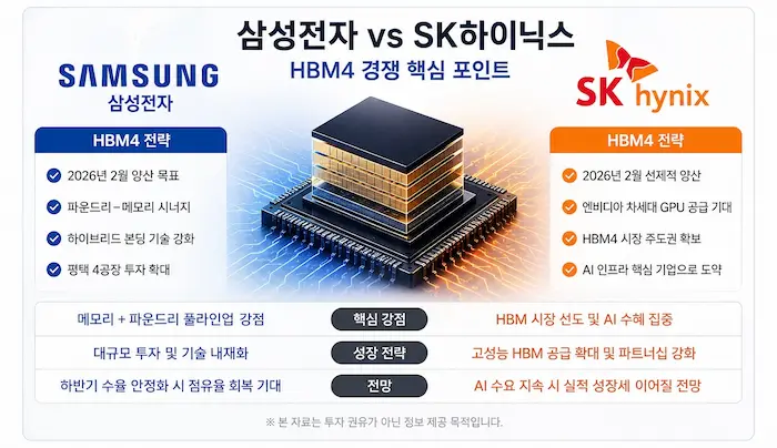 삼성전자와 SK하이닉스의 HBM4 전략 비교 인포그래픽