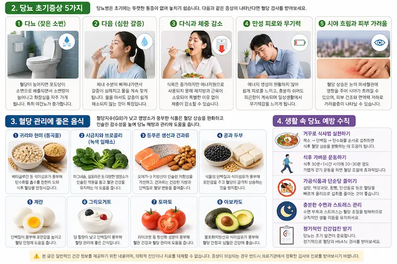 당뇨 초기증상 5가지와 혈당 관리 음식 인포그래픽