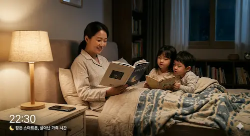 잠들기 전 스마트폰 사용을 줄이고 가족과 독서하는 모습